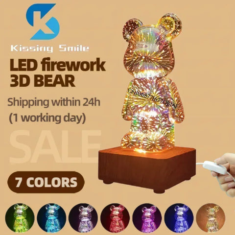 3D Fireworks Bear Lamp Usb Led Night Light Bedroom Decoration Cute Table Desk Projection Atmosphere 7 Color Changeable Kid Gift - Producktin